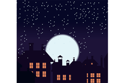 Silhouette of the city and night sky with stars and moon. Falling snow. Cat on the roof.