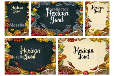 Mexican traditional food restaurant menu template with Guacamole, Quesadilla, Enchilada, Burrito, Tacos, Nachos, Chili con carne and ingredient.