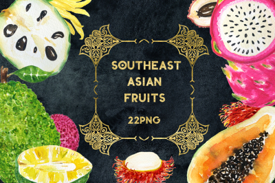 Asian fruits. Watercolor clipart.