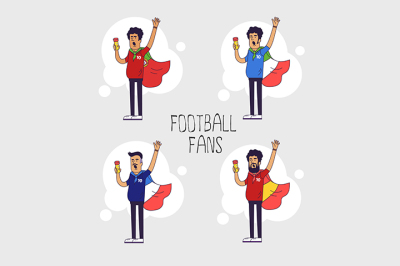 Set of the international fans of national football teams. Characters with flag. Flat line style design.