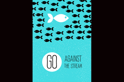 Fish swims against the stream. blue flat poster.
