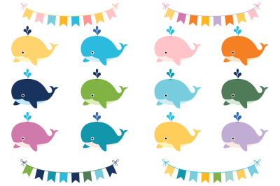 Cute whales clip art set, Baby shower clipart, Sea animal clip art