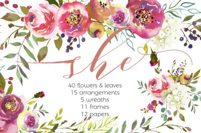 She- Watercolor Flowers Clipart Collection