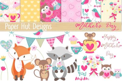 Mother&#039;s Day Cute Animal Clipart and Digital Paper Set