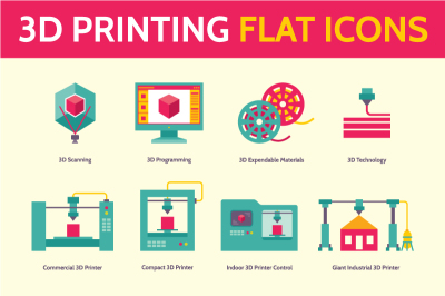 3D Printing Vector Icons in Flat Style