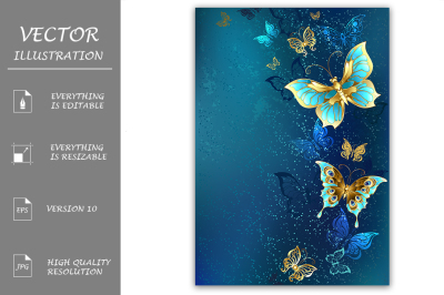 Golden Butterflies on a Blue Background