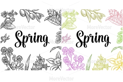 Spring  - square poster with flower, blooming branch, leaves, grass. 