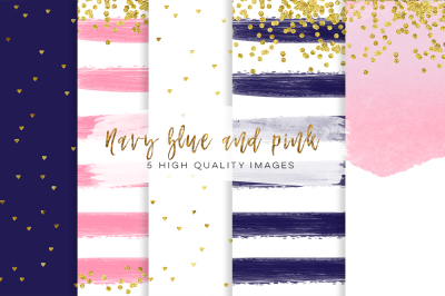 watercolour brush strokes paper, navy blue and pink digital paper, brush strokes paper, wedding invitation paper, gold and pink wedding
