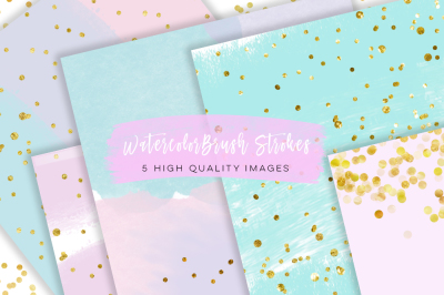 Watercolor Brush Strokes with Gold Paper, DIY wedding whimsical paper, rainbow pastel paper, Pastel and Gold Digital Papers, fairy rainbow