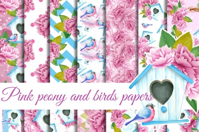 Pink and blue bird house patterns