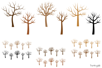 Bare tree clipart, No leaves trees clip art set, Tree silhouette without leaves