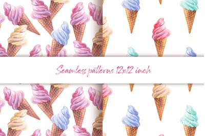 Ice cream. 2 watercolor patterns
