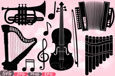 Music Instruments Silhouette SVG Music note SVG Printable Clipart panpipe accordion violins Violin SVG trumpet harp graphic design -592s