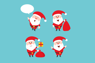 Cartoon character Santa Claus in various positions in flat style.