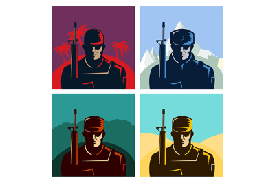 Soldier badges or avatars set. Silhouette with rifle. Vector flat design. Marine in different countries.
