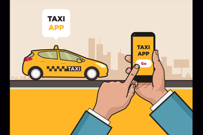 Taxi service app. Hand with smartphone and touchscreen.