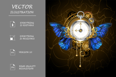 Clock with Blue Butterfly Wings ( Steampunk )