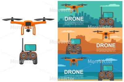 Fly drone with remote control on background night city, day sea and sunset mountain. Vector flat color illustration. For horizontal banner