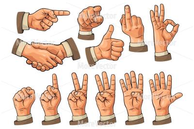 Male hand sign. Fist, like, handshake, ok, peace, pointing finger at viewer from front