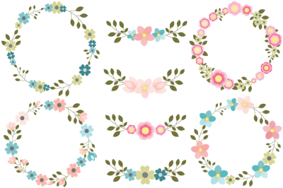 Pink floral wreaths clipart, Blue flower wreath clip art set, Round borders and frames