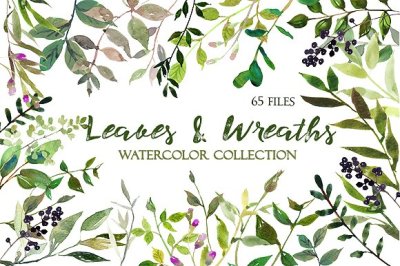 Watercolor Leaves and Wreaths Clipart Set