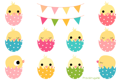 Cute Easter chickens clipart, Kawaii Easter chicks clip art, Easter peeps and buntings