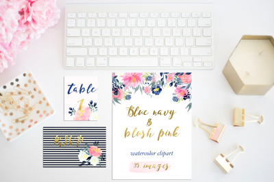Navy blue & blush pink flowers. Watercolor clipart.
