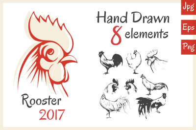Rooster 2017. Hand Drawn 8 elements.