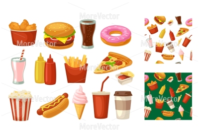 Set fast food icon and seamless pattern
