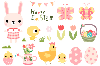 Cute Easter clipart set, Easter bunny clipart, Basket, peeps, eggs, banner