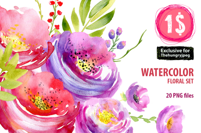 Watercolor floral set with pink, purple, red flowers