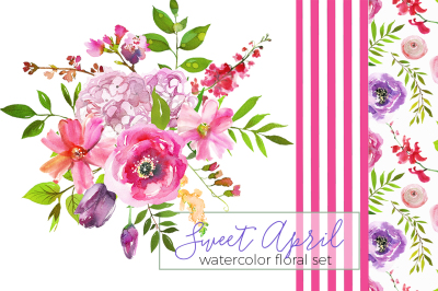 Watercolor Pink Spring Floral bouquets, wreaths, elements.