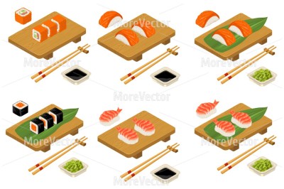 Set Sushi Nigiri and roll with shrimp, chopsticks, soy sauce in bowl and wood board. Isolated on white background.