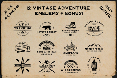 12 Vintage Adventure Emblems
