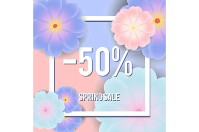 Sale banner with realistic flowers and text in frame on pink and blue background