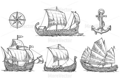 Trireme, caravel, drakkar, junk, anchor, compass rose. Vintage vector engraving 