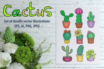 Vector set of hand drawn cacti