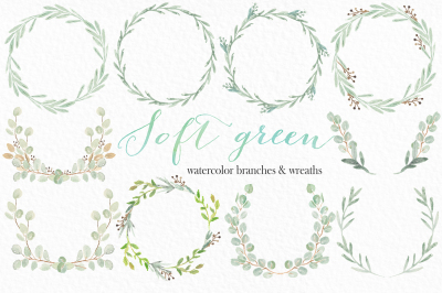 Soft green wreaths & branches. Watercolor clipart.