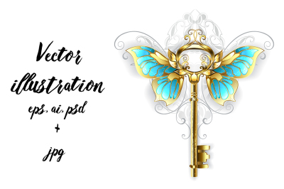 Golden Key with Butterfly Wings