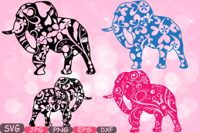 Elephant Safari Mascot Flower Monogram Circle Cutting Files SVG Silhouette school Clipart illustration eps png dxf jpg zoo Vector 362s