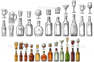 Set glass and bottle beer, whiskey, wine, gin, rum, tequila, cognac, champagne, cocktail, grog.