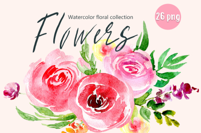 Watercolor red & pink flowers, 26 png