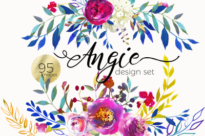 Angie Bright Watercolor Floral Set Pink Indigo Turquoise