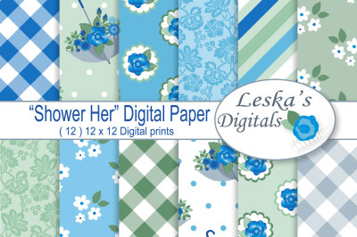 Blue Floral Digital Paper Pack