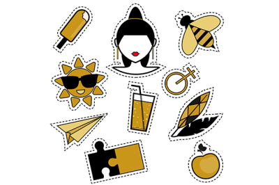 Trendy fashionable pins, patches, badges, stickers, flash tattoos in black and golden colors