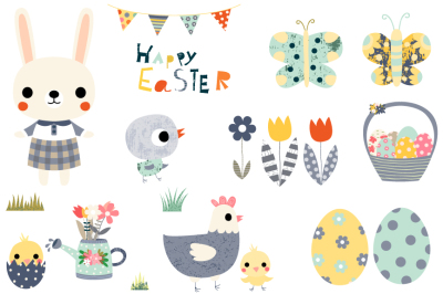 Cute Easter clipart set, Happy Easter design elements, Spring clip art, bunny, chick, basket, eggs
