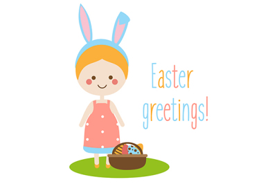 Easter greeting card, seasonal background. Cute kawaii smiling girl with bunny ears and eggs in basket. Vector illustration