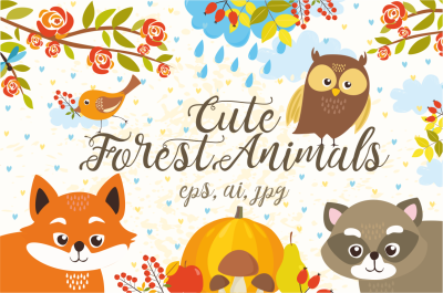 Cute Set Forest Animals and Patterns