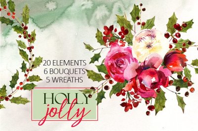 Holly Steams Christmas Floral Watercolor Clipart