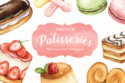 French Patisseries Watercolor Clip Art